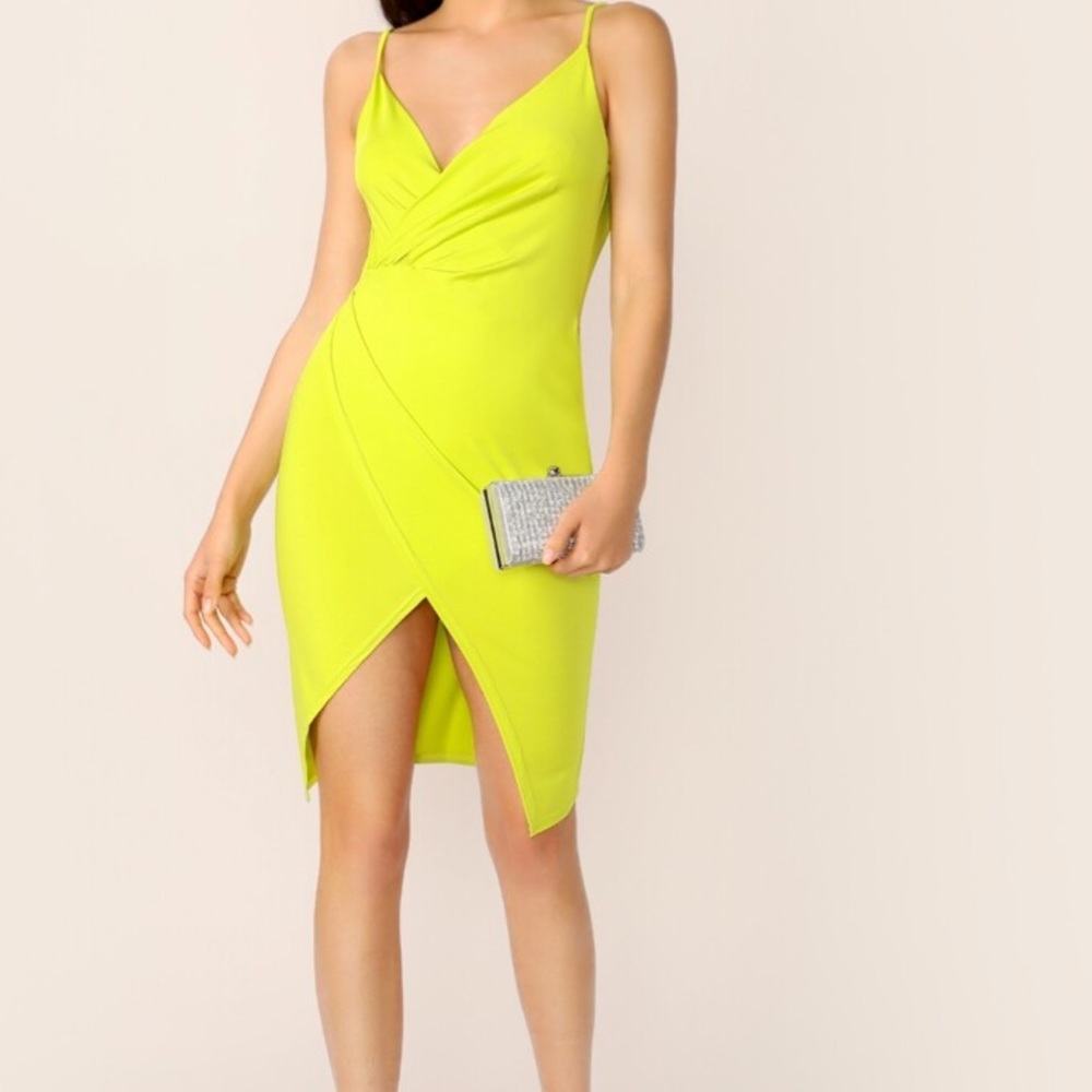 Neon Yellow Surplice Wrap Asymmetrical Cami Dress